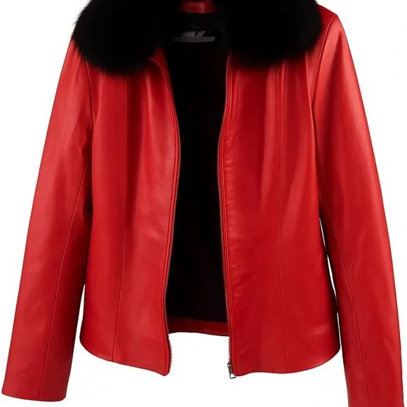 Vintage Red Leather Fur Collar Jacket 70s Mod Glam Rock Style | Real Fur Trim M - Picture 3 of 6